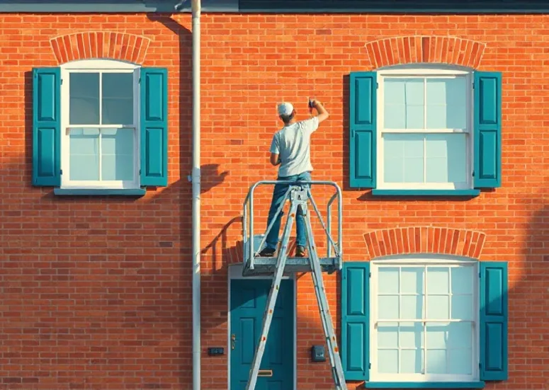 Peintre sur échafaudage traitant la façade d'une maison
